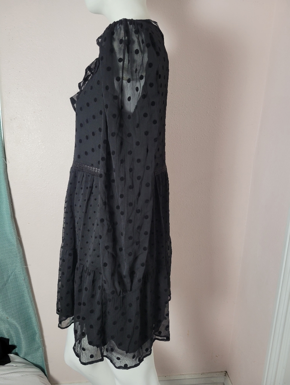 Zara Black Polka Dot Mesh Mini Dress Ruffle Flirty Romantic Long Sleeve Size M - Picture 5 of 8